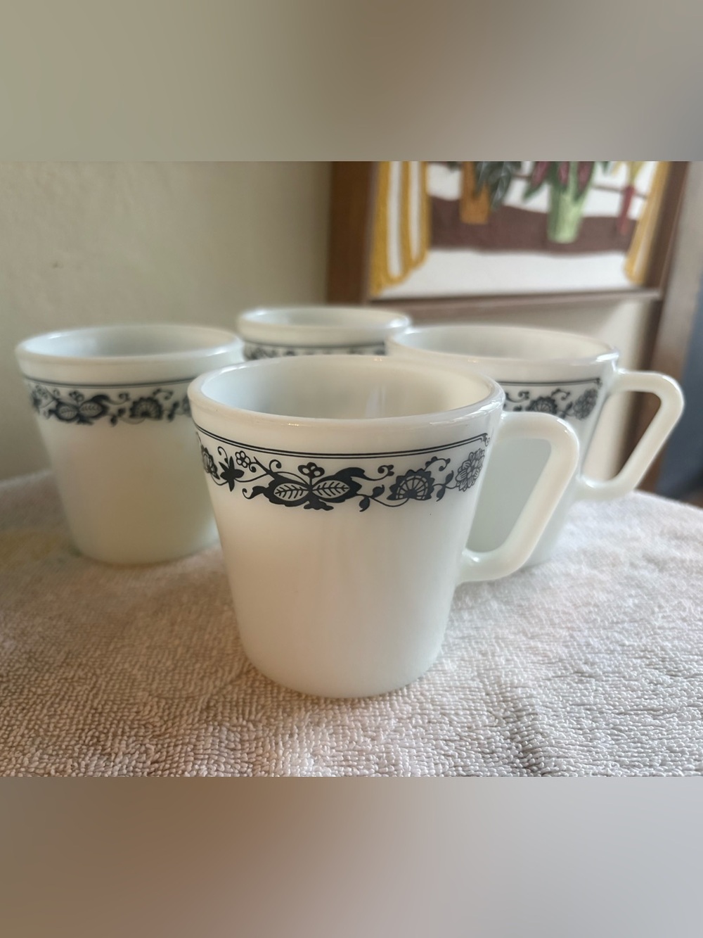 Vintage Pyrex "Old Town Blue" Milk Glass Mugs (Set of 4)